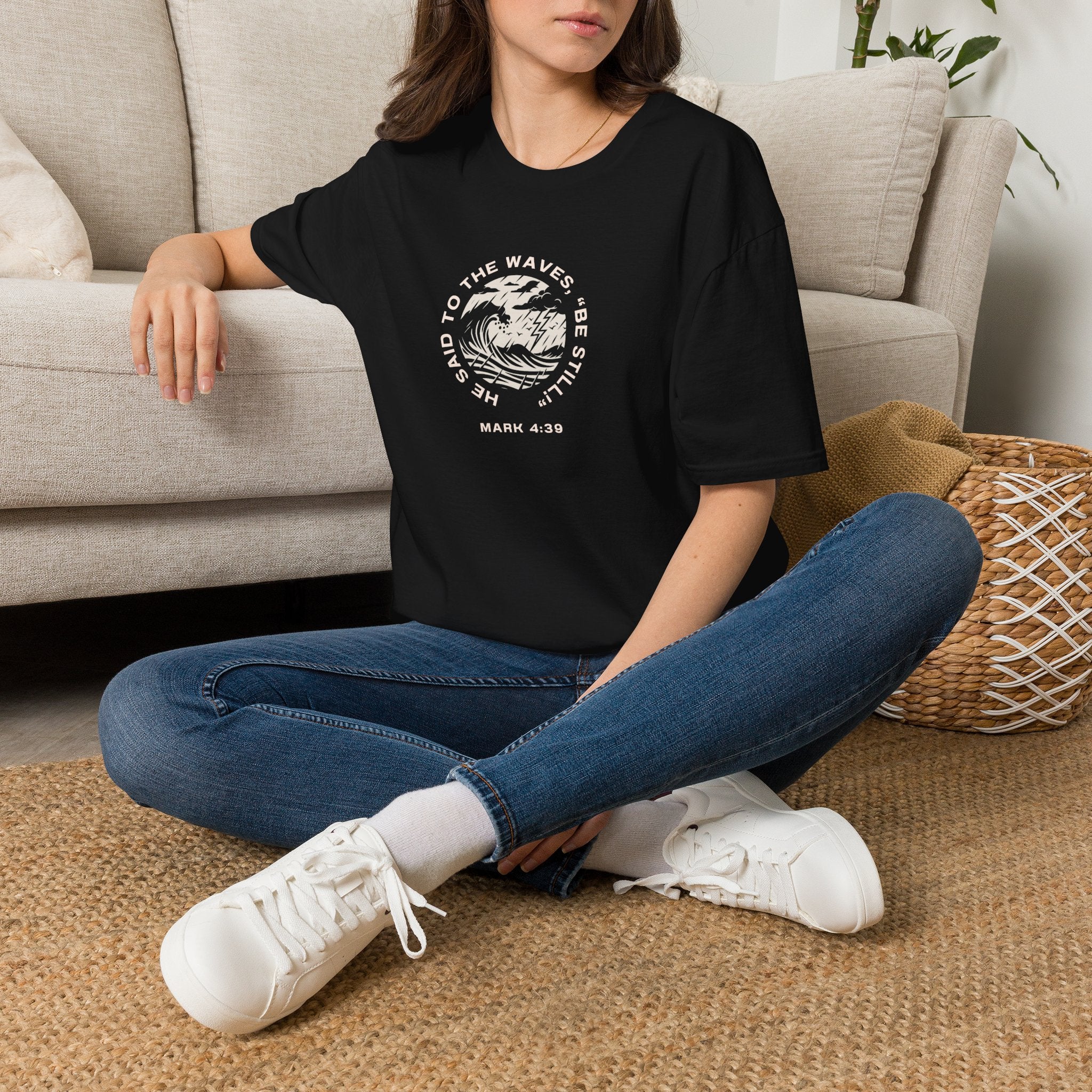 Christian Wave Graphic Tee — "Be Still" Mark 4:39 Inspirational T-Shirt