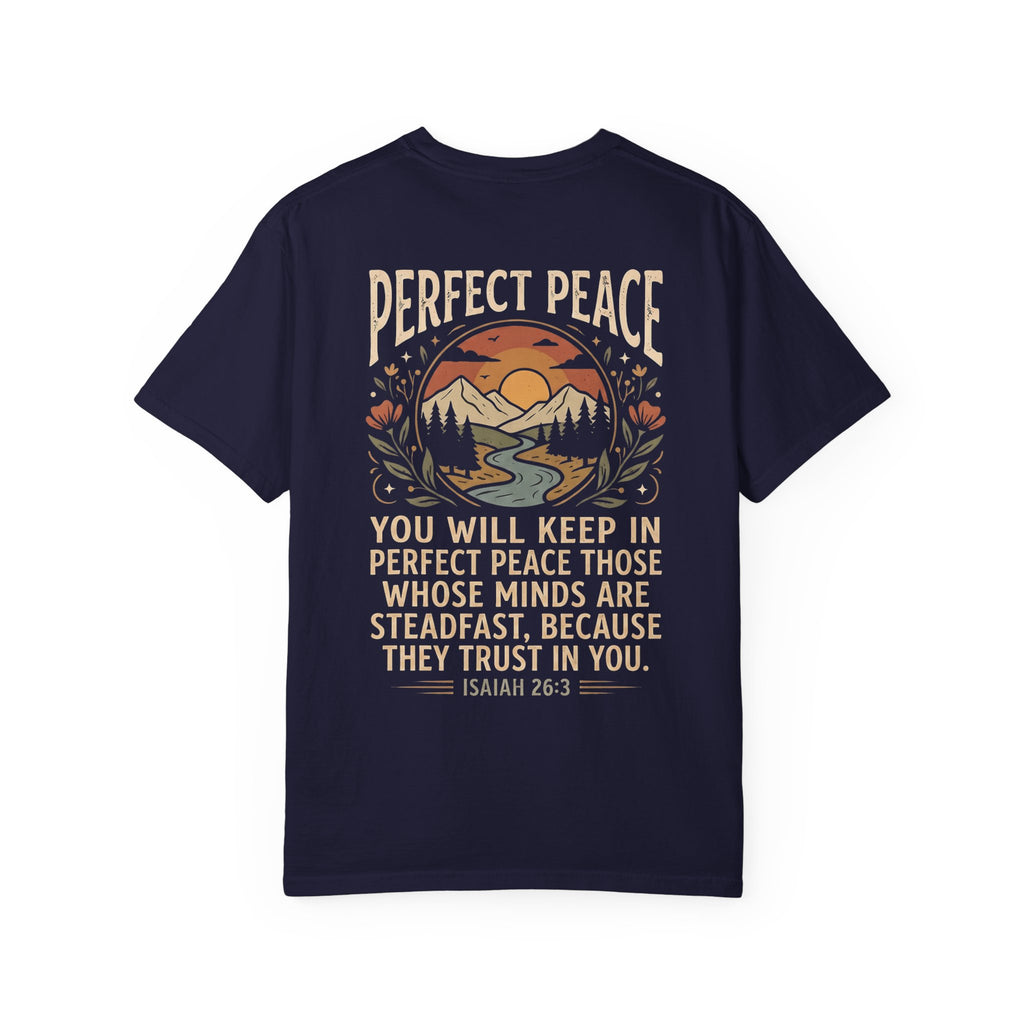 Perfect Peace T-Shirt – 'Pursue' Front Script with Isaiah 26:3 Scenic Back