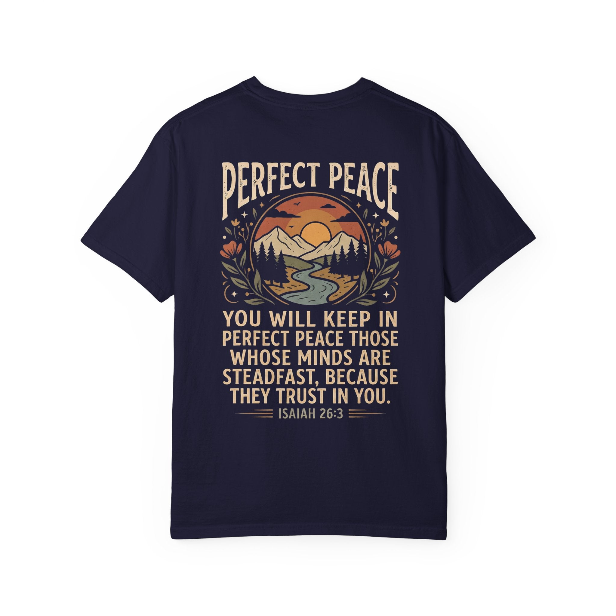 Perfect Peace T-Shirt – 'Pursue' Front Script with Isaiah 26:3 Scenic Back