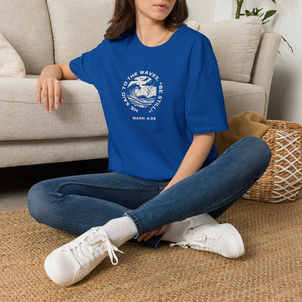 Christian Wave Graphic Tee — "Be Still" Mark 4:39 Inspirational T-Shirt