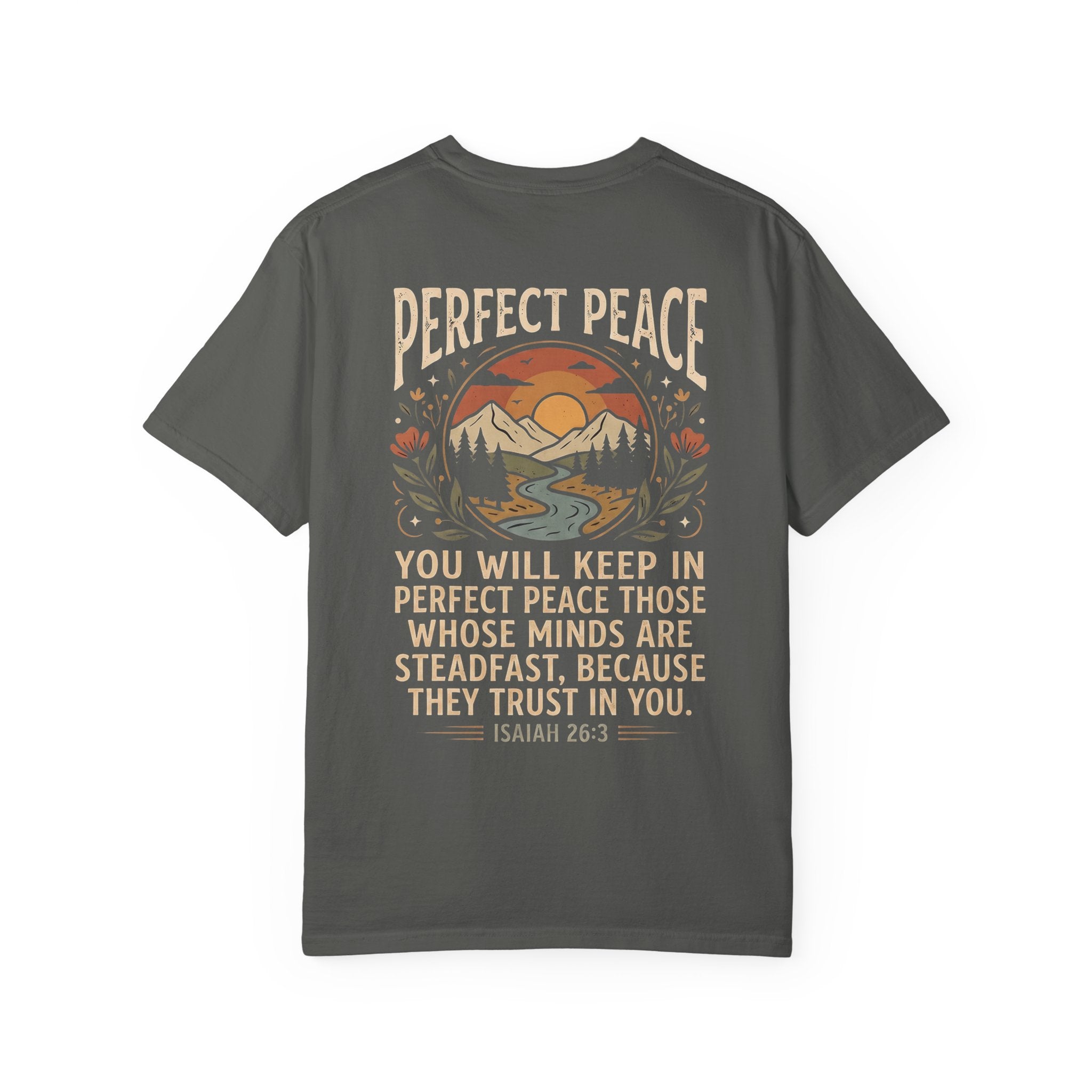 Perfect Peace T-Shirt – 'Pursue' Front Script with Isaiah 26:3 Scenic Back