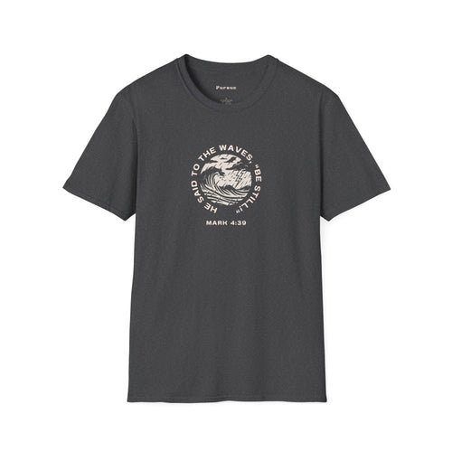 Christian Wave Graphic Tee — "Be Still" Mark 4:39 Inspirational T-Shirt