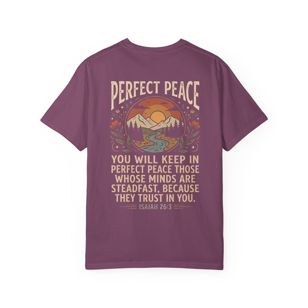 Perfect Peace T-Shirt – 'Pursue' Front Script with Isaiah 26:3 Scenic Back
