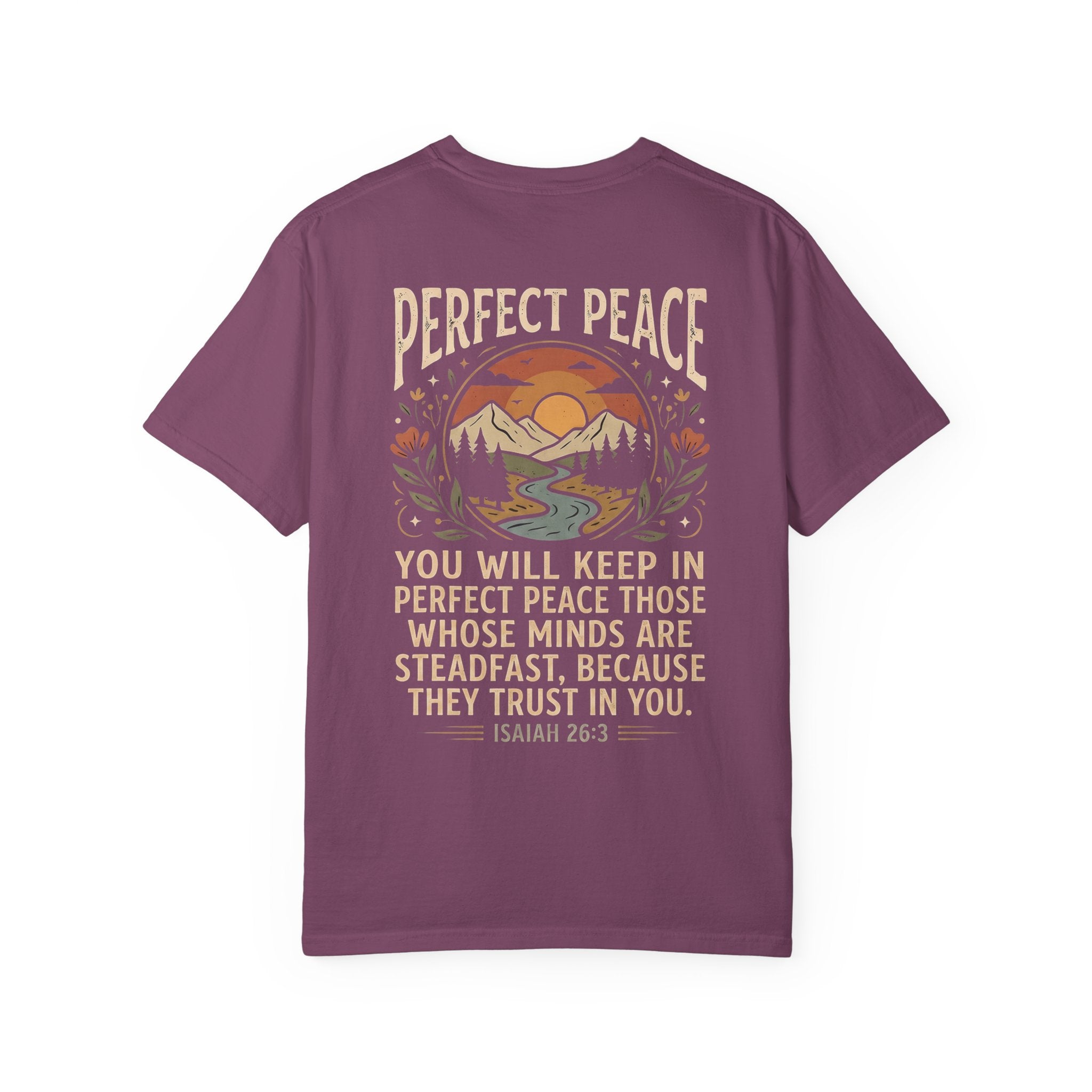 Perfect Peace T-Shirt – 'Pursue' Front Script with Isaiah 26:3 Scenic Back