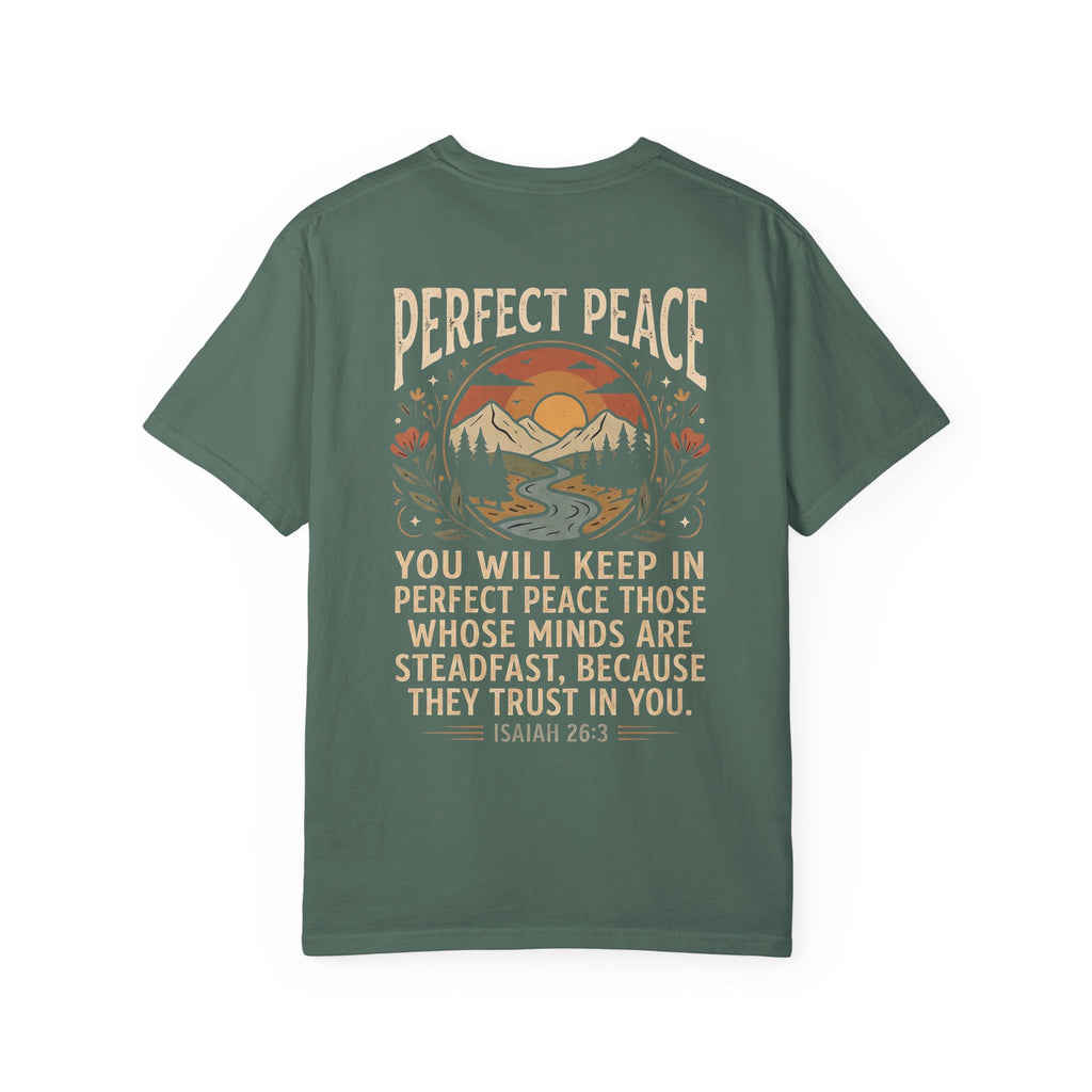 Perfect Peace T-Shirt – 'Pursue' Front Script with Isaiah 26:3 Scenic Back