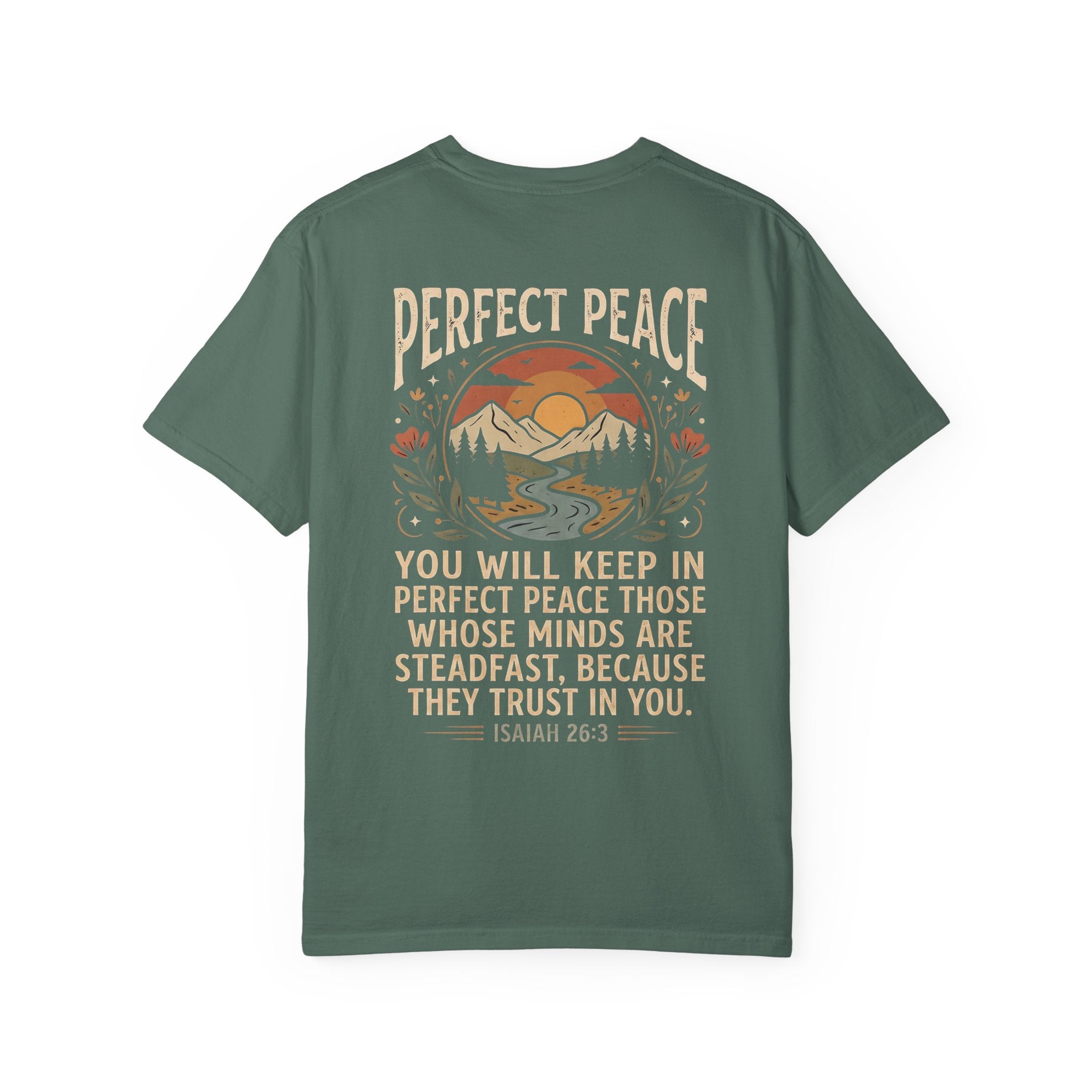 Perfect Peace T-Shirt – 'Pursue' Front Script with Isaiah 26:3 Scenic Back