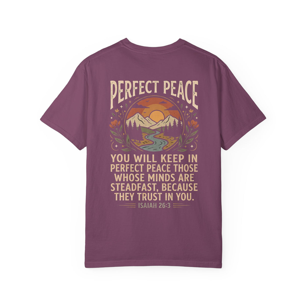 Perfect Peace T-Shirt – 'Pursue' Front Script with Isaiah 26:3 Scenic Back