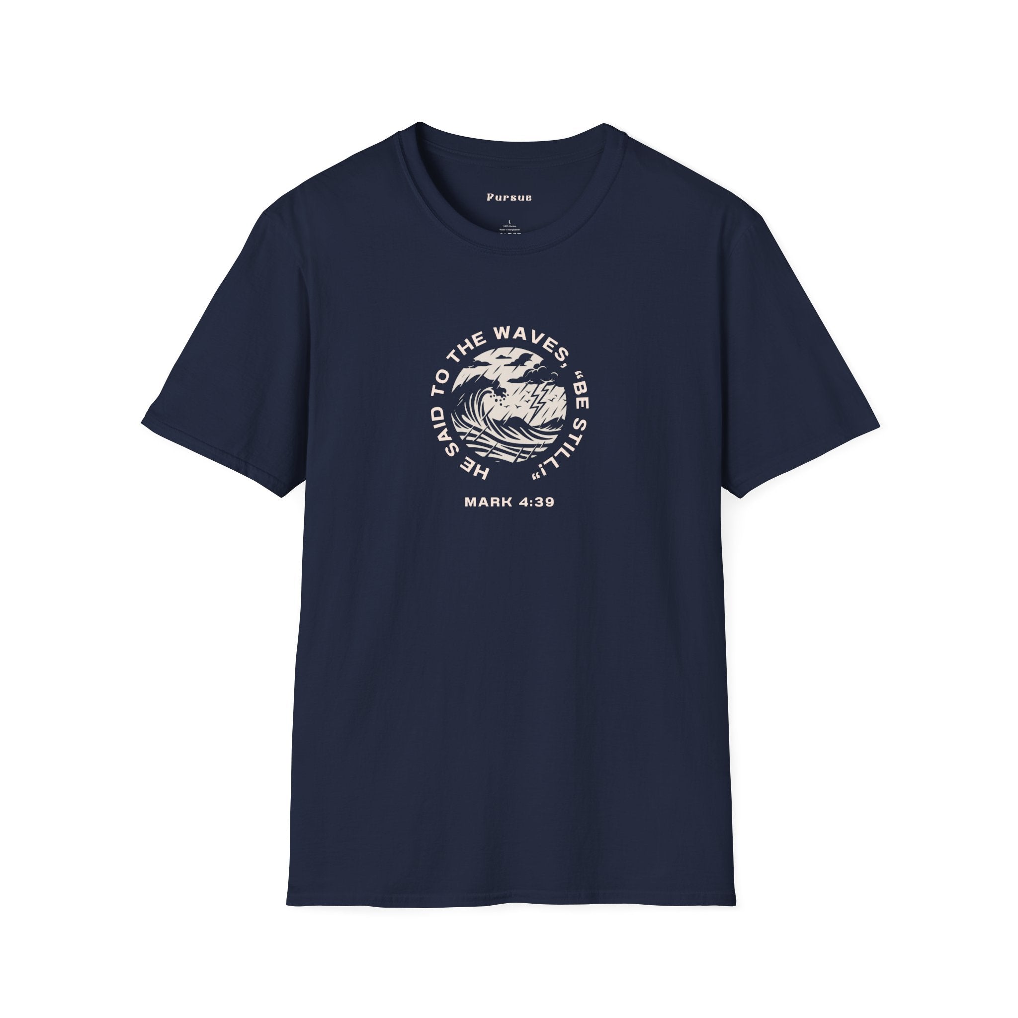 Christian Wave Graphic Tee — "Be Still" Mark 4:39 Inspirational T-Shirt