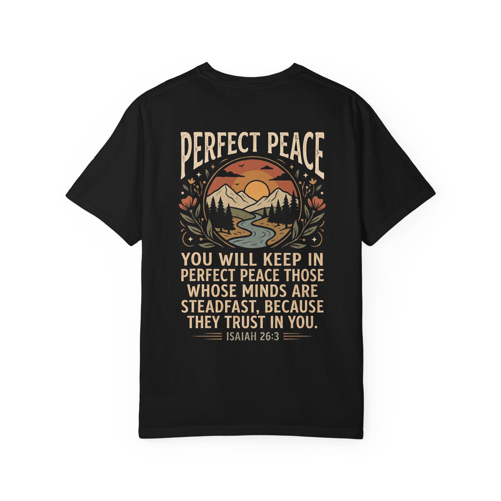 Perfect Peace T-Shirt – 'Pursue' Front Script with Isaiah 26:3 Scenic Back