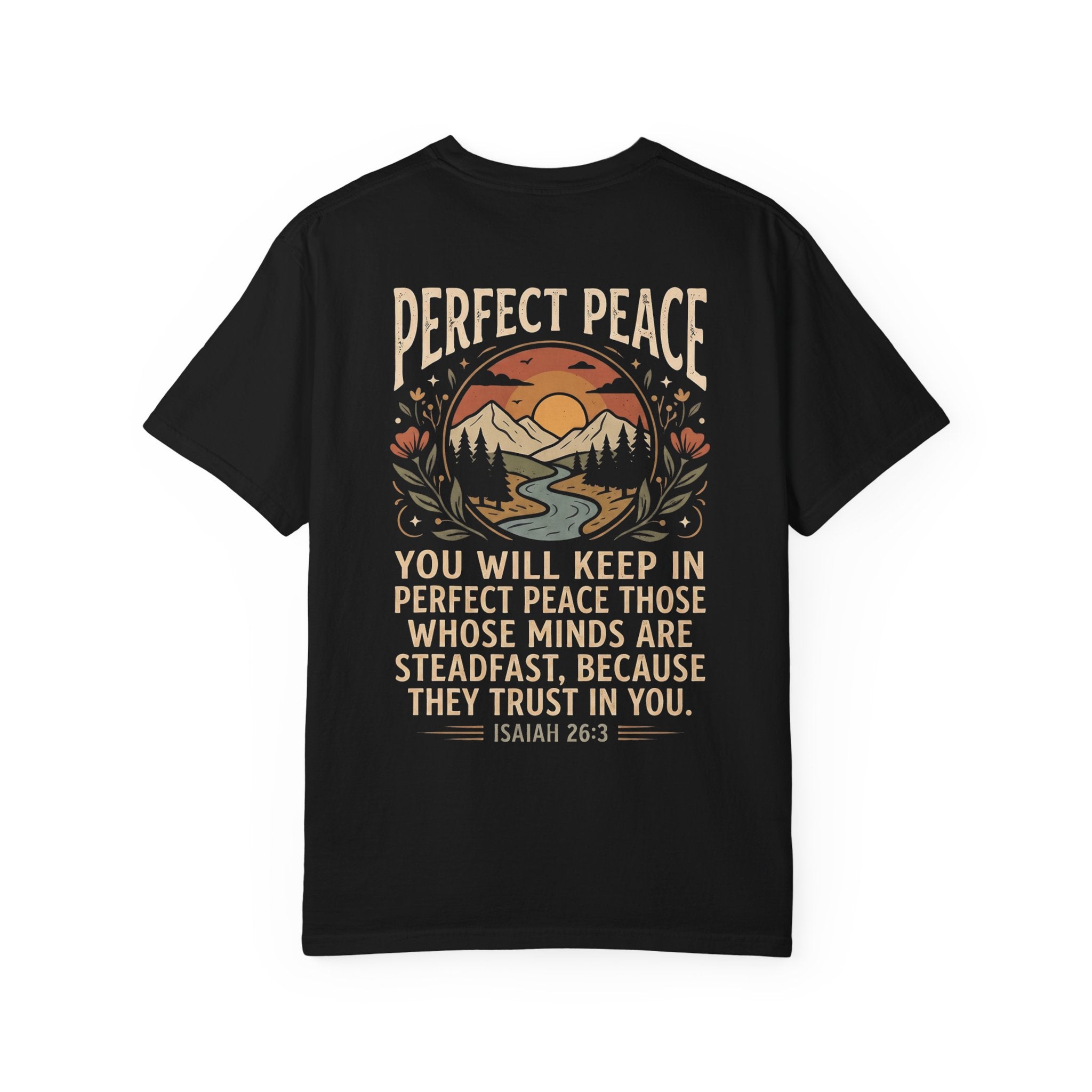 Perfect Peace T-Shirt – 'Pursue' Front Script with Isaiah 26:3 Scenic Back